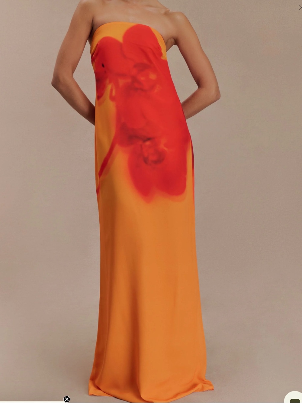 Meshki Strapless Orange Gown with Red Floral Accent